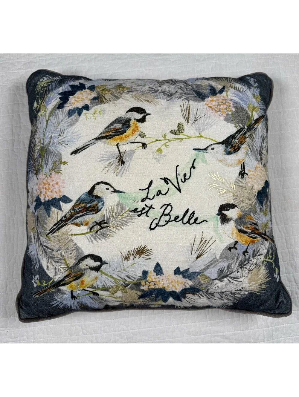 Anthropologie La Vie Est Belle Bird Throw Pillow 18x18 Cotton Embroidered Zip